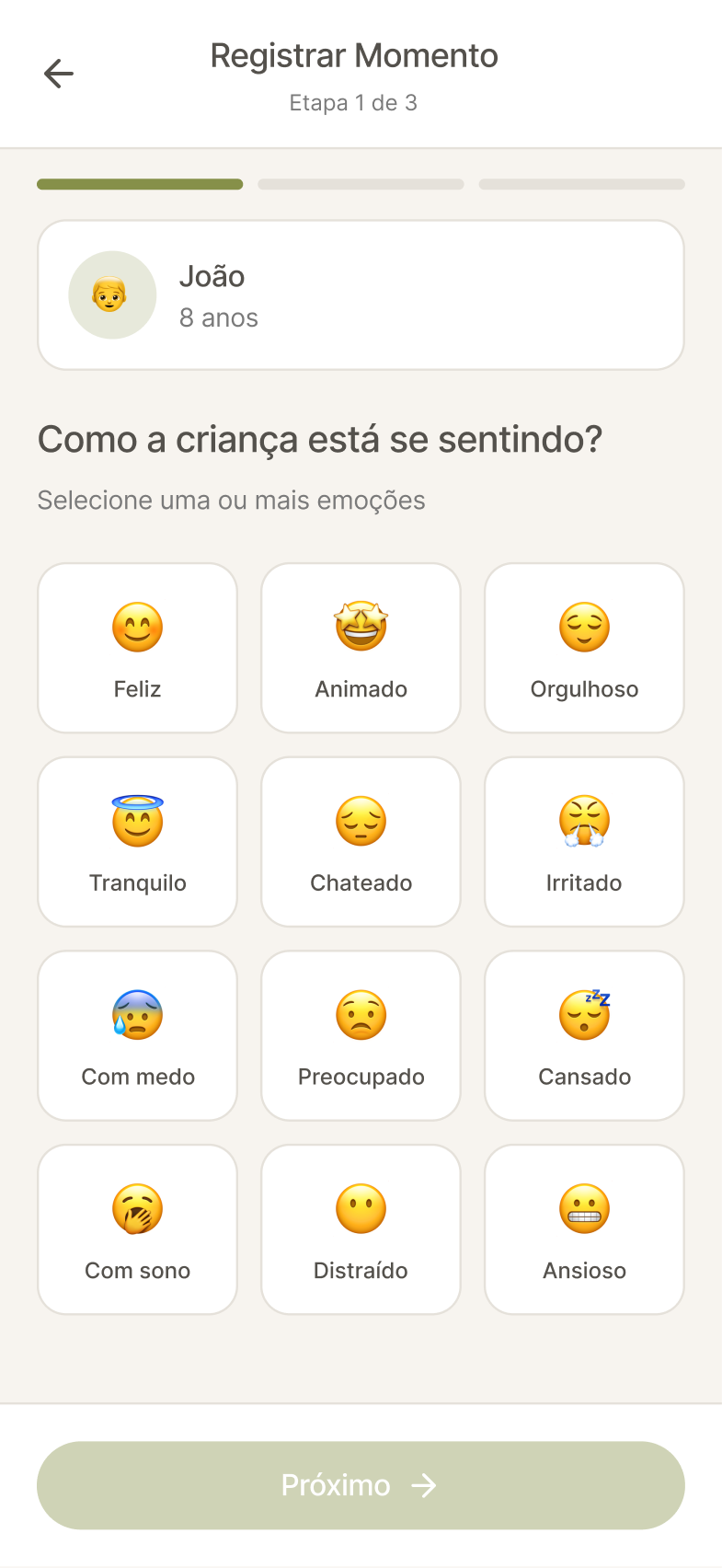 Tela de registro de emoções